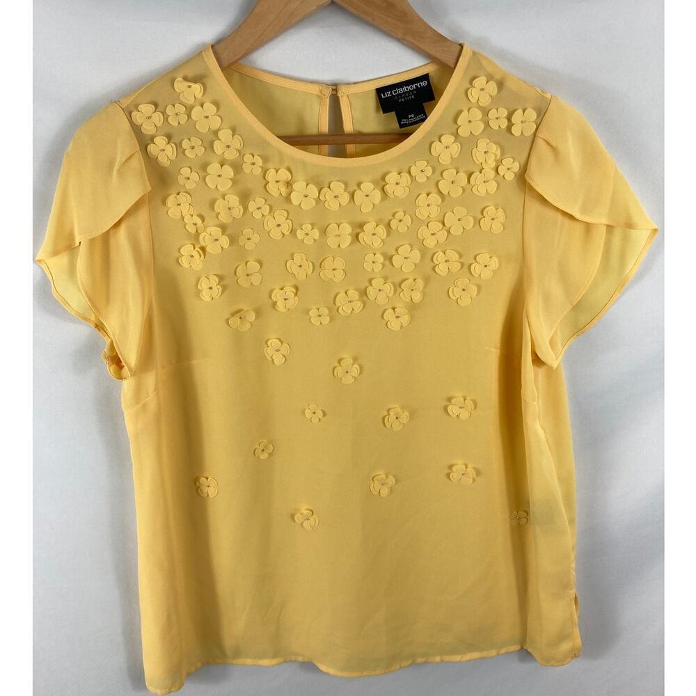 Liz Claiborne Career Yellow 3D Floral Print Blouse Size PS